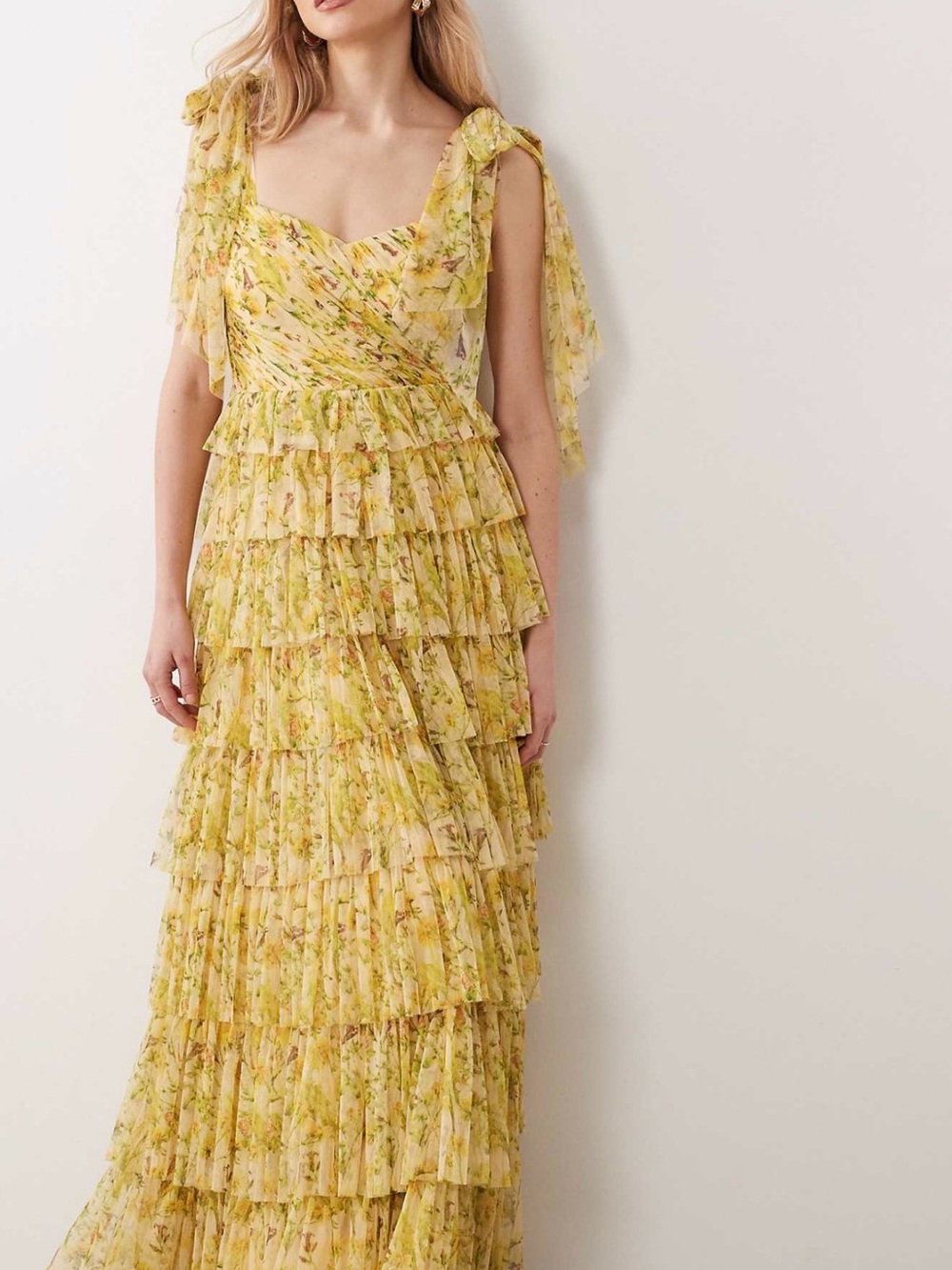 Lace & Beads Ophelia Bow Shoulders Tulle Maxi Dress in Yellow Floral